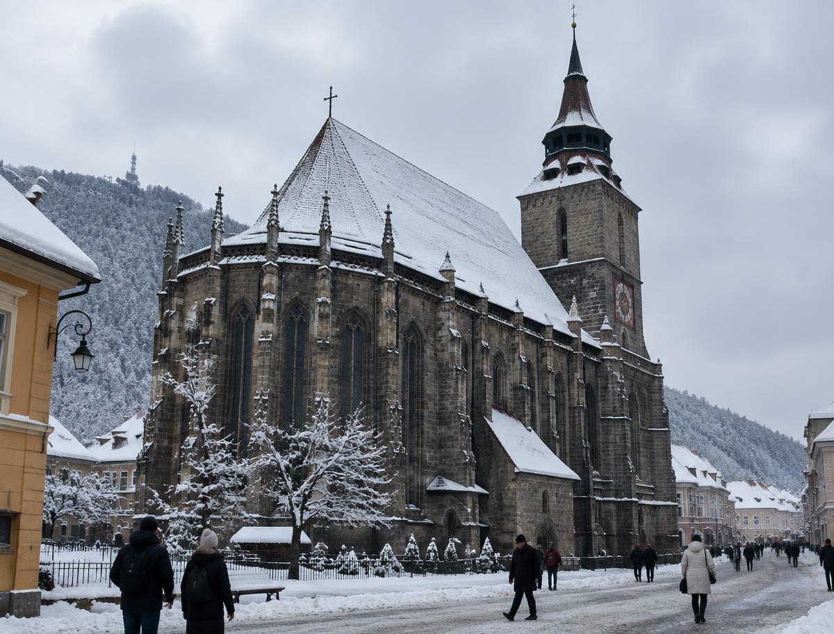 The Gothic Black Church in Brașov with snow on its roofs