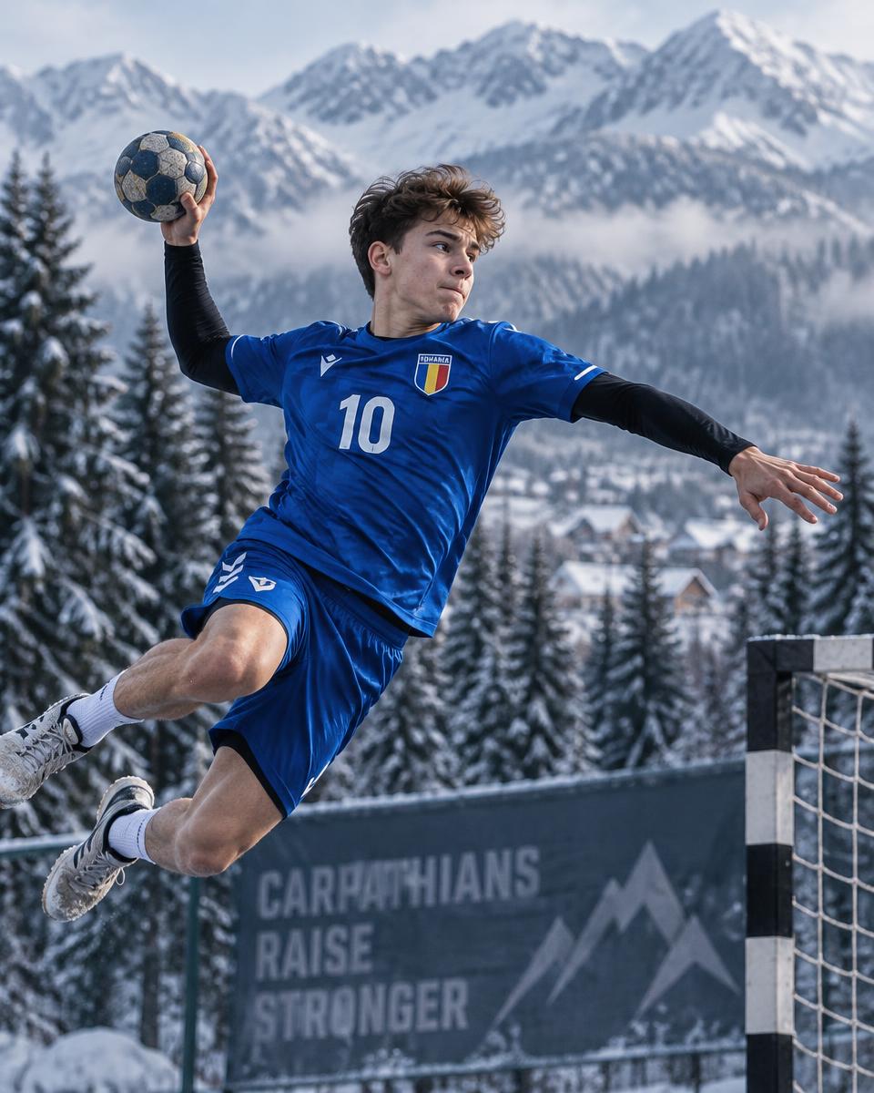 Youth handball player shooting against a snowy Carpathian backdrop