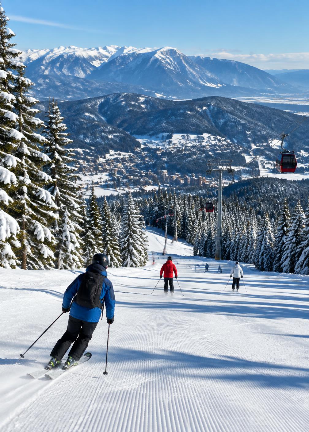 Skiers on a groomed slope at Poiana Brașov
