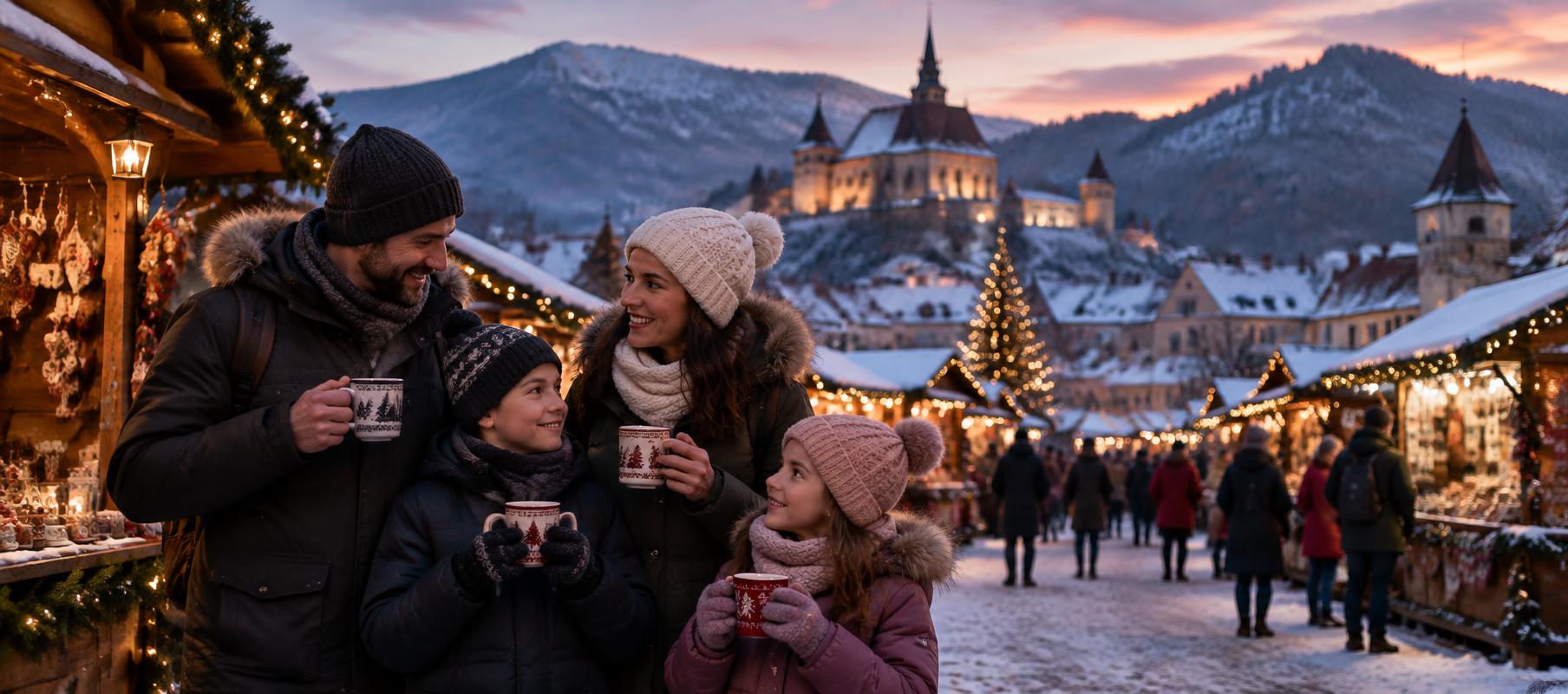 A family enjoying warm drinks at a snowy winter market
